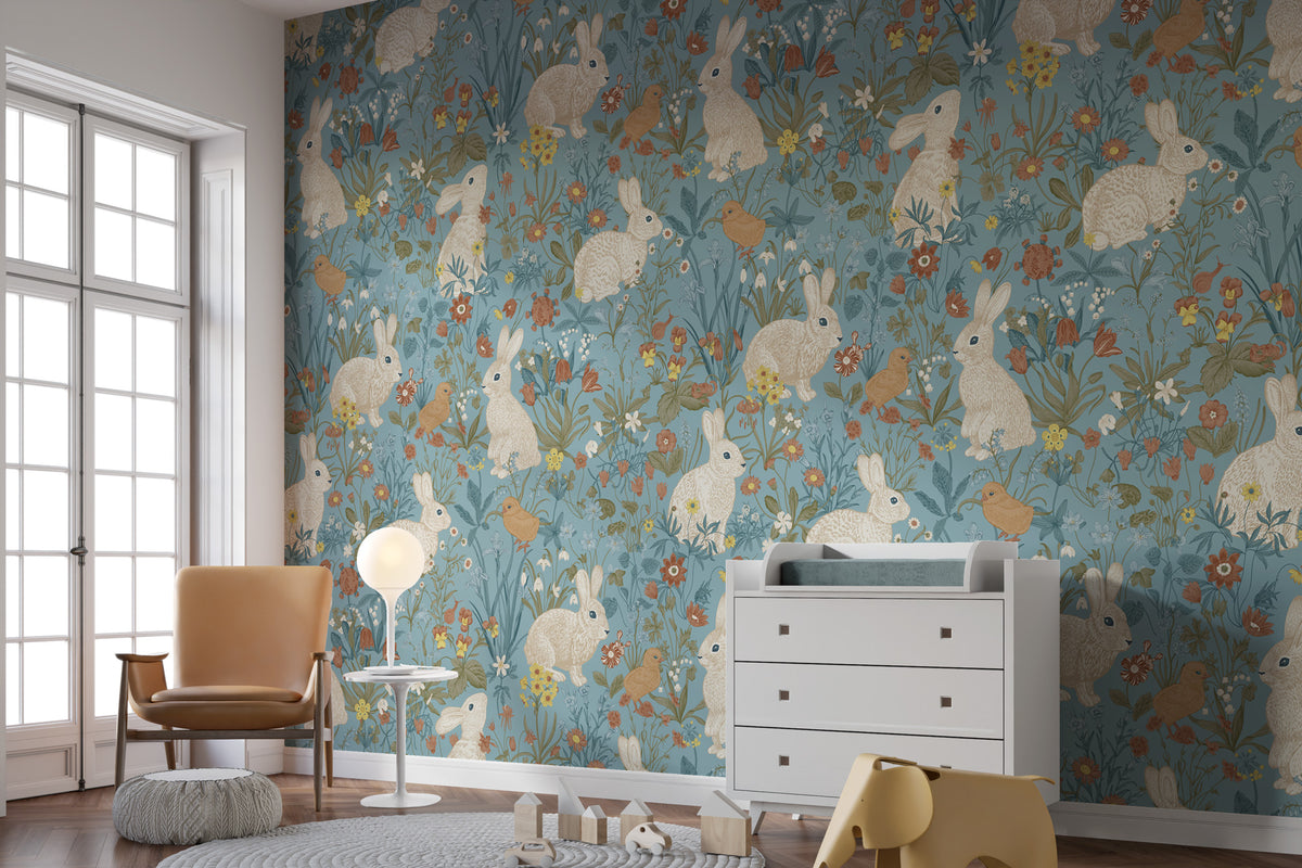 Bunny and Bird Wallpaper : Floral Blue Meadow Pattern Mural - View 3