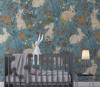 Bunny and Bird Wallpaper : Floral Blue Meadow Pattern Mural