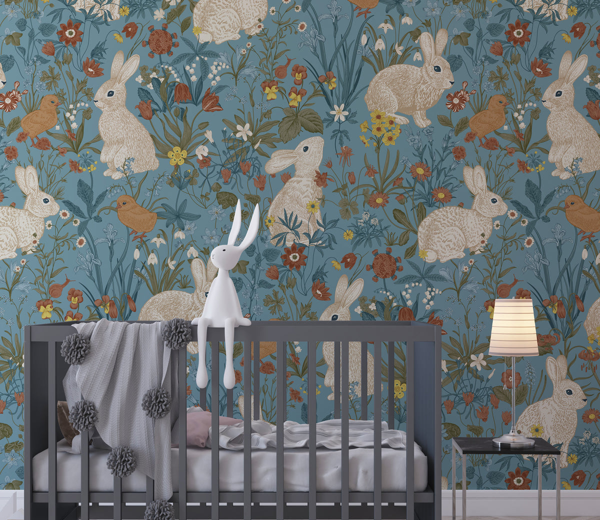 Bunny and Bird Wallpaper : Floral Blue Meadow Pattern Mural