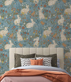 Bunny and Bird Wallpaper : Floral Blue Meadow Pattern Mural - View 2