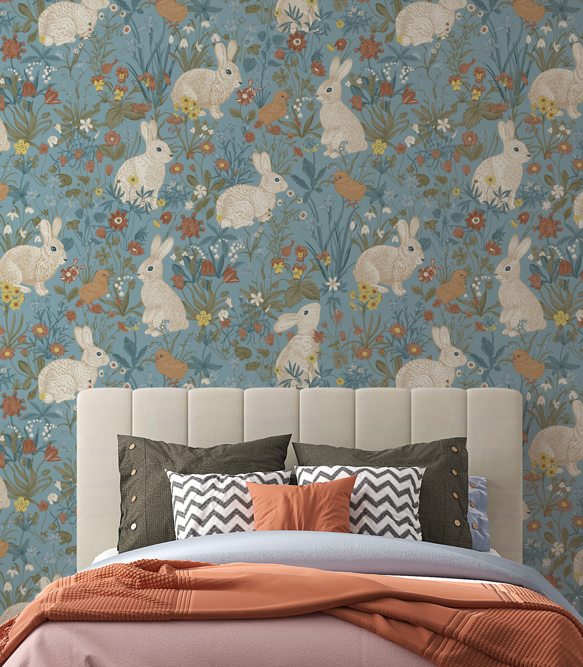 Bunny and Bird Wallpaper : Floral Blue Meadow Pattern Mural - View 2