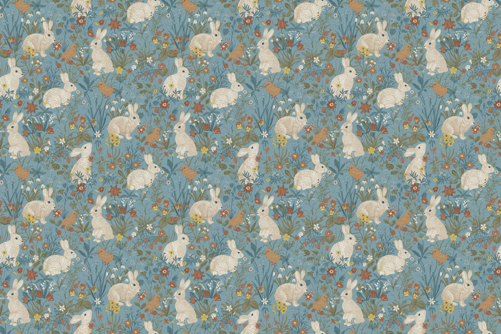 Bunny and Bird Wallpaper : Floral Blue Meadow Pattern Mural - flat design