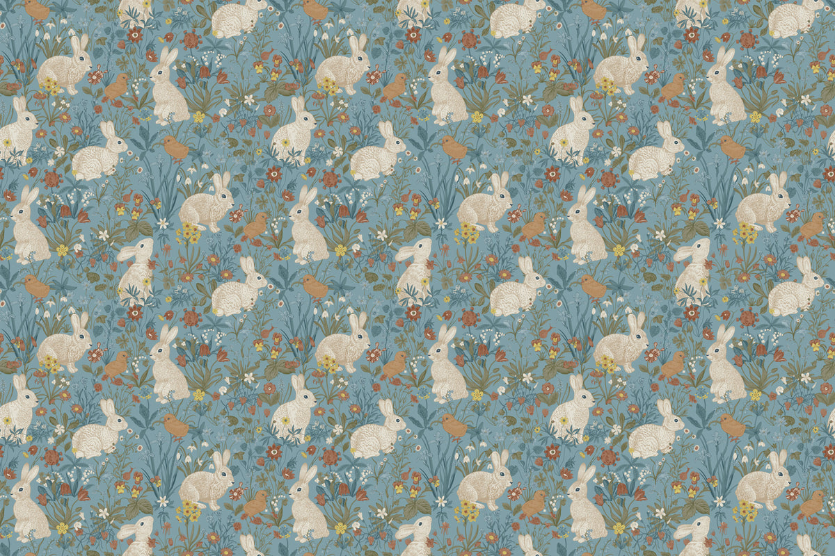 Bunny and Bird Wallpaper : Floral Blue Meadow Pattern Mural - flat design