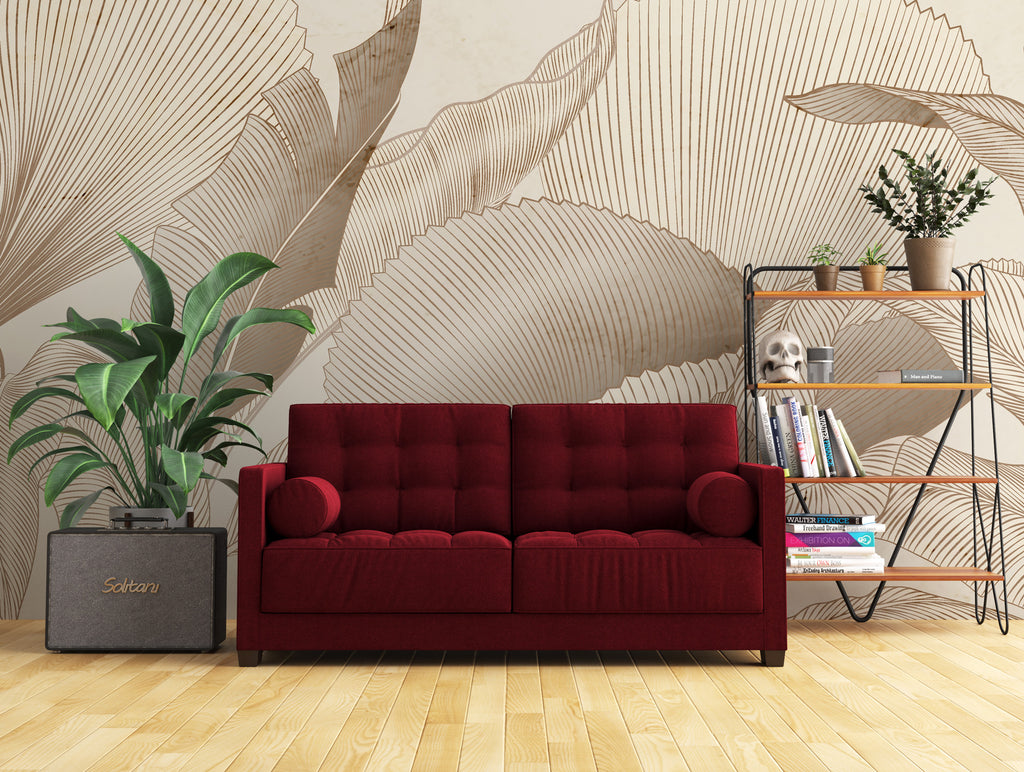 Beige Line Leaf Wallpaper : Large Botanical Sketch Mural - View 2