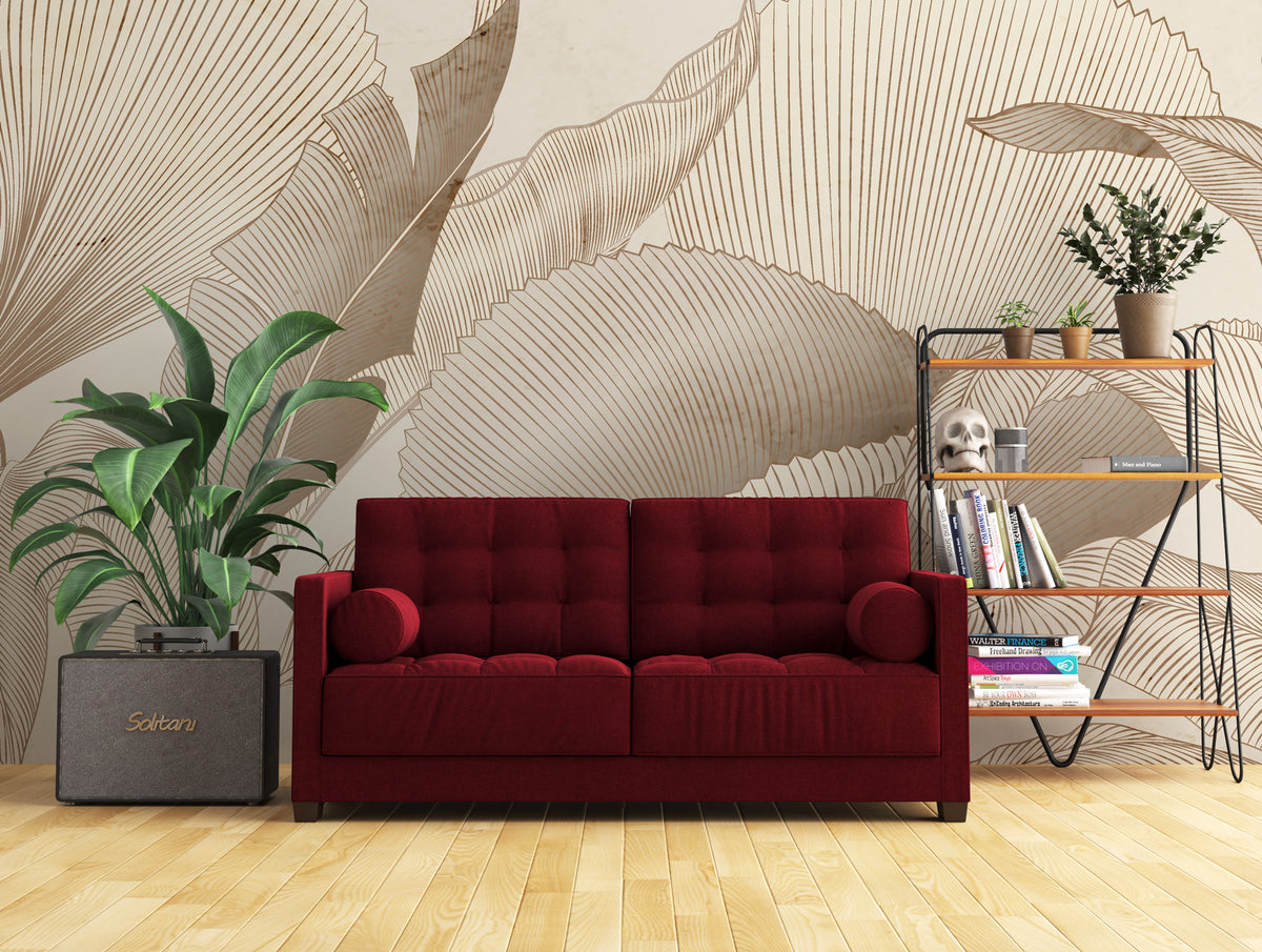 Beige Line Leaf Wallpaper : Large Botanical Sketch Mural - View 2