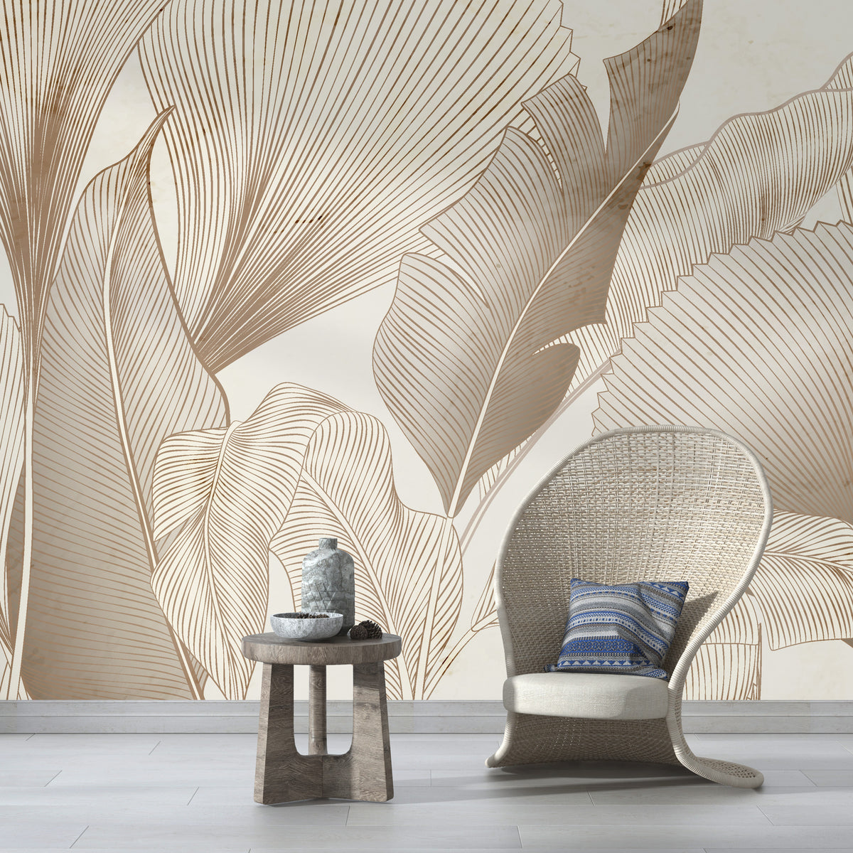 Beige Line Leaf Wallpaper : Large Botanical Sketch Mural - View 5