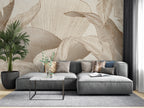 Beige Line Leaf Wallpaper : Large Botanical Sketch Mural - View 4