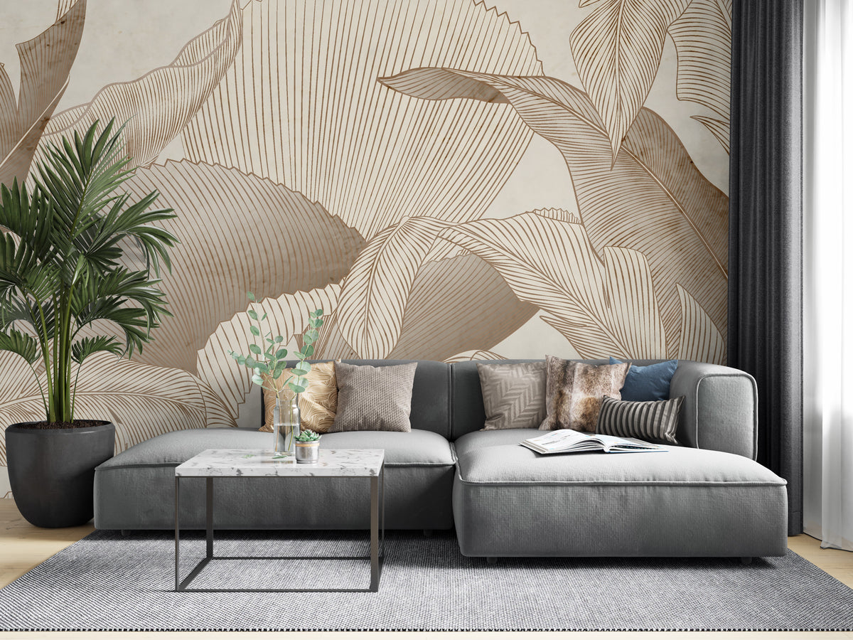 Beige Line Leaf Wallpaper : Large Botanical Sketch Mural - View 4