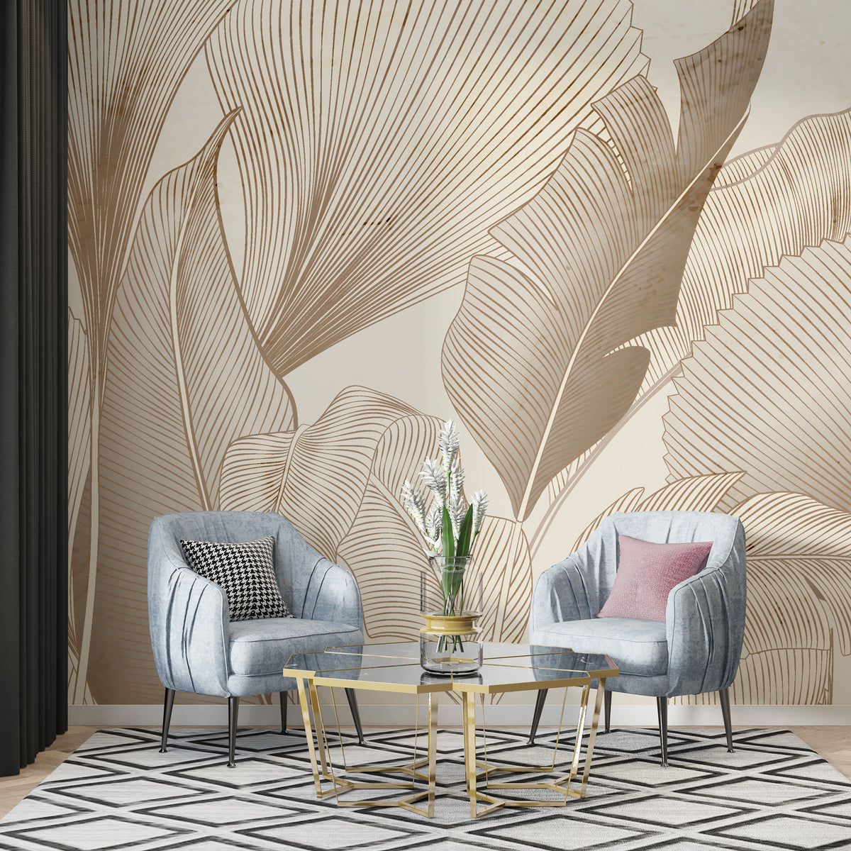 Beige Line Leaf Wallpaper : Large Botanical Sketch Mural - View 3