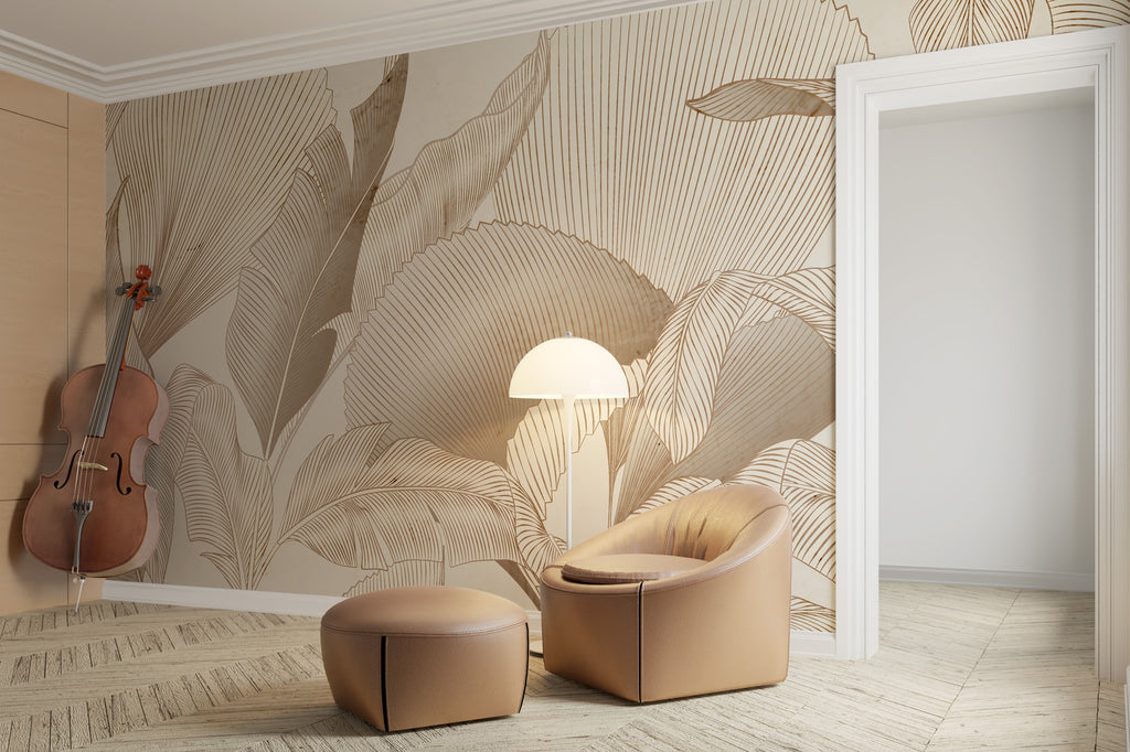Beige Line Leaf Wallpaper : Large Botanical Sketch Mural
