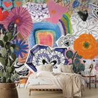 Colorful Collage Wallpaper : Doodle Hearts and Flowers Mural - View 4