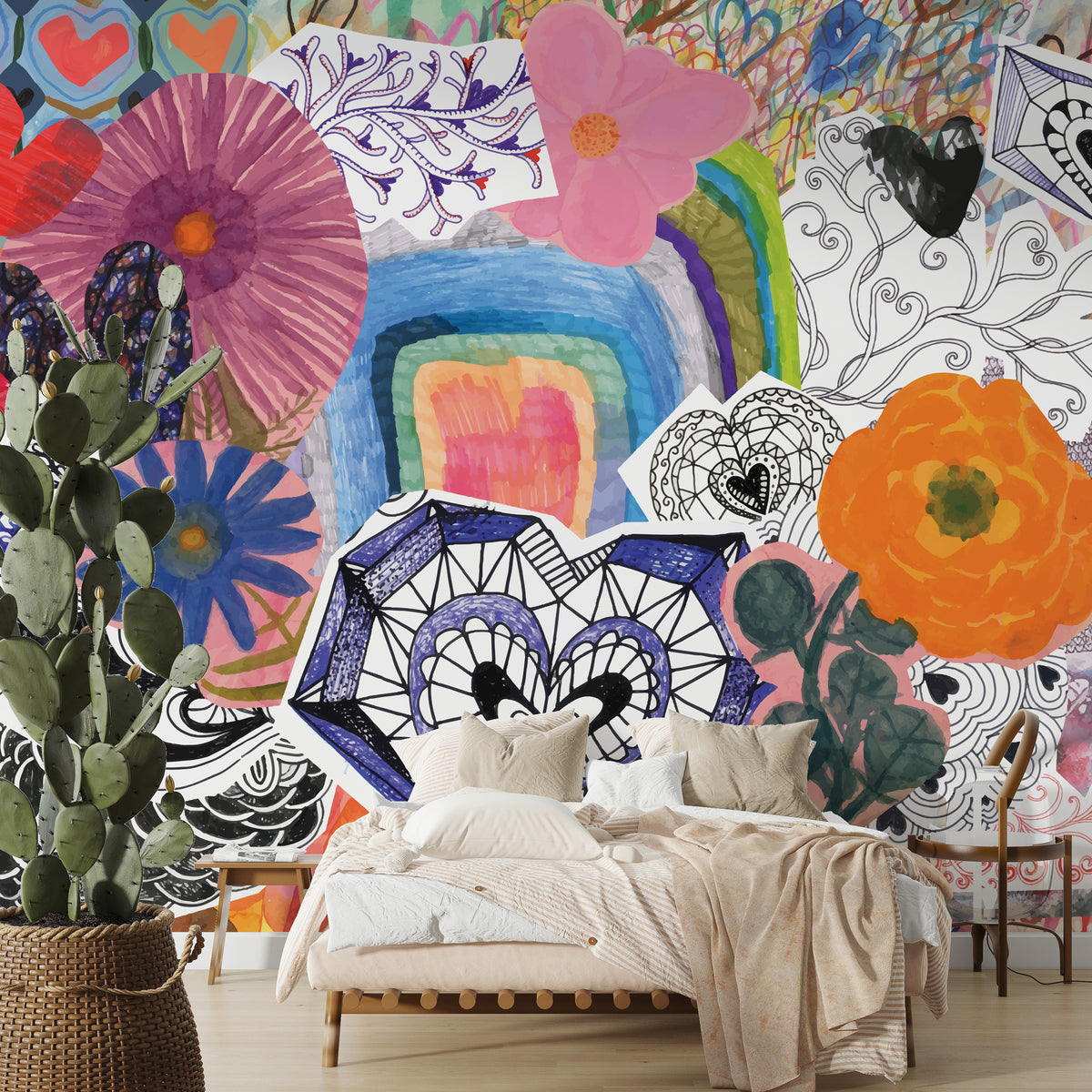 Colorful Collage Wallpaper : Doodle Hearts and Flowers Mural - View 4