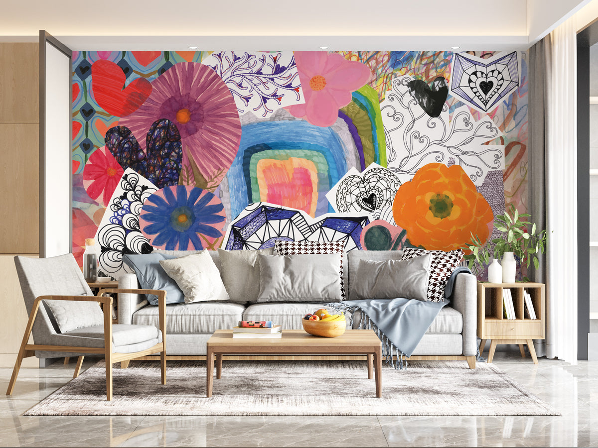 Colorful Collage Wallpaper : Doodle Hearts and Flowers Mural - View 3