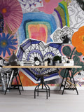 Colorful Collage Wallpaper : Doodle Hearts and Flowers Mural