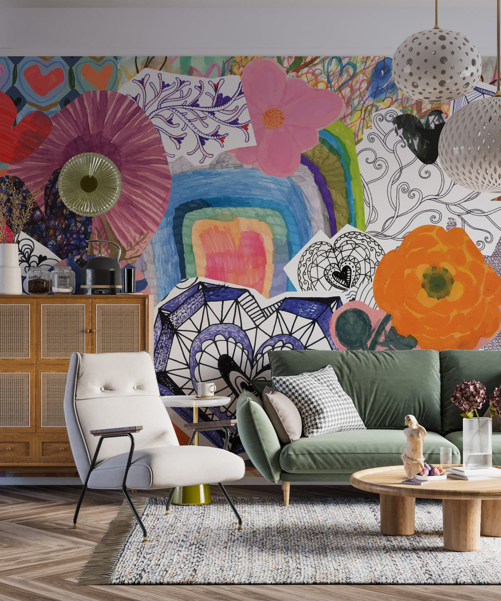 Colorful Collage Wallpaper : Doodle Hearts and Flowers Mural - View 2