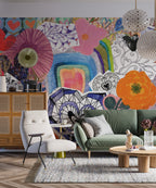 Colorful Collage Wallpaper : Doodle Hearts and Flowers Mural - View 2