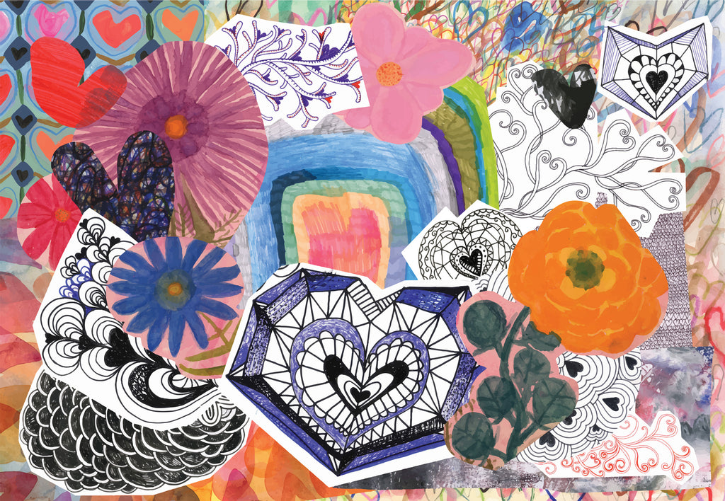 Colorful Collage Wallpaper : Doodle Hearts and Flowers Mural - flat design