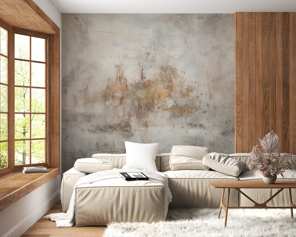 Earth Tone Concrete Wallpaper : Rust and Grey Plaster Texture Mural