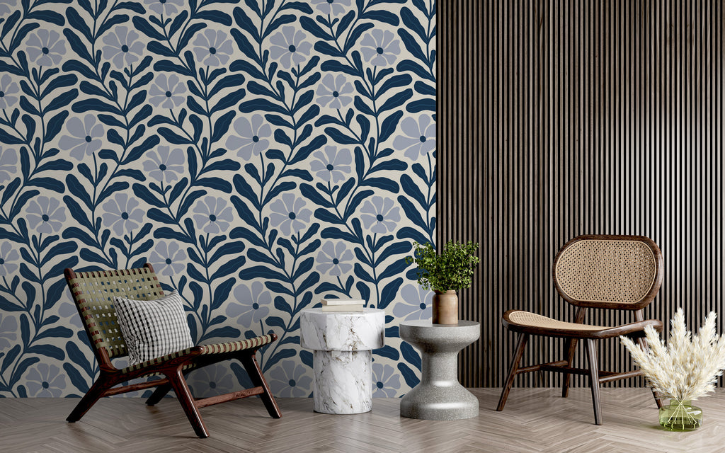 Navy Floral Vine Wallpaper : Lavender Flower Pattern Mural