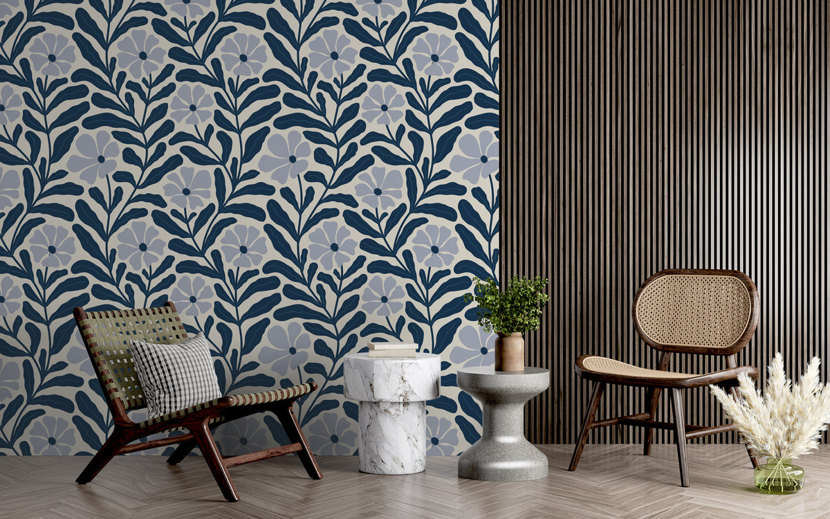 Navy Floral Vine Wallpaper : Lavender Flower Pattern Mural