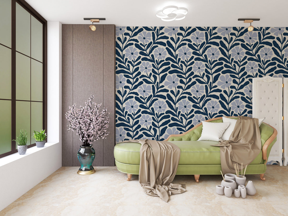 Navy Floral Vine Wallpaper : Lavender Flower Pattern Mural - View 2
