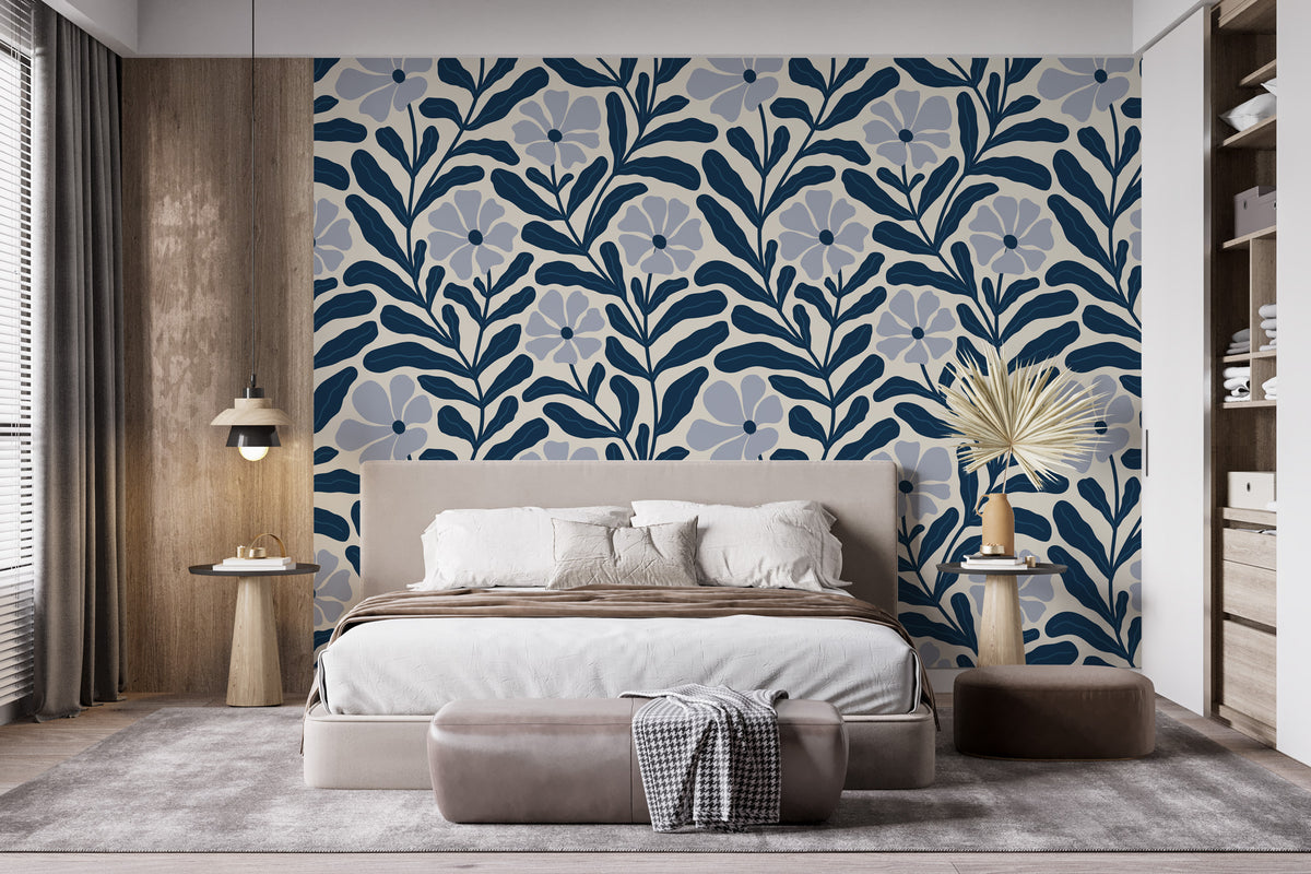 Navy Floral Vine Wallpaper : Lavender Flower Pattern Mural - View 3