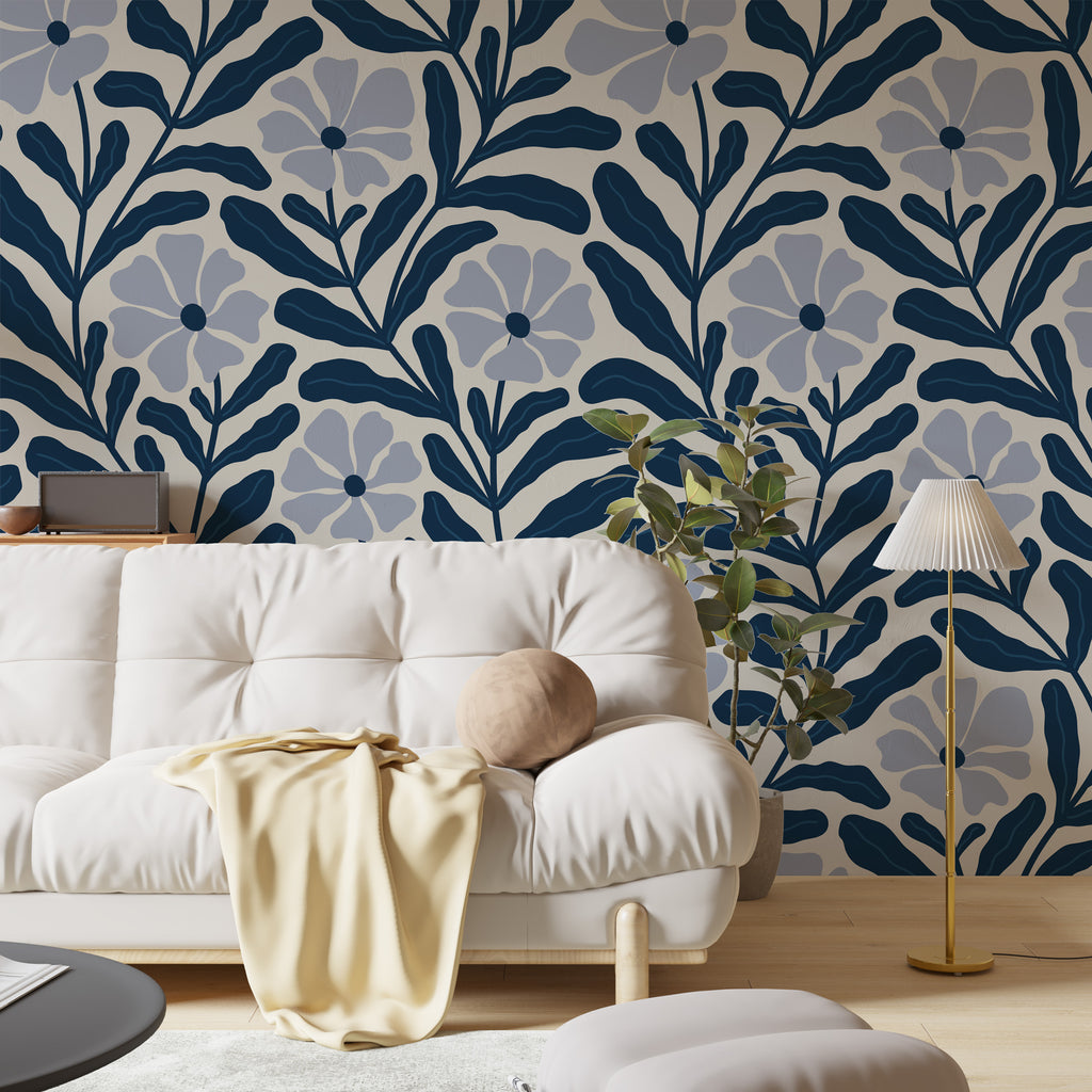 Navy Floral Vine Wallpaper : Lavender Flower Pattern Mural - View 4