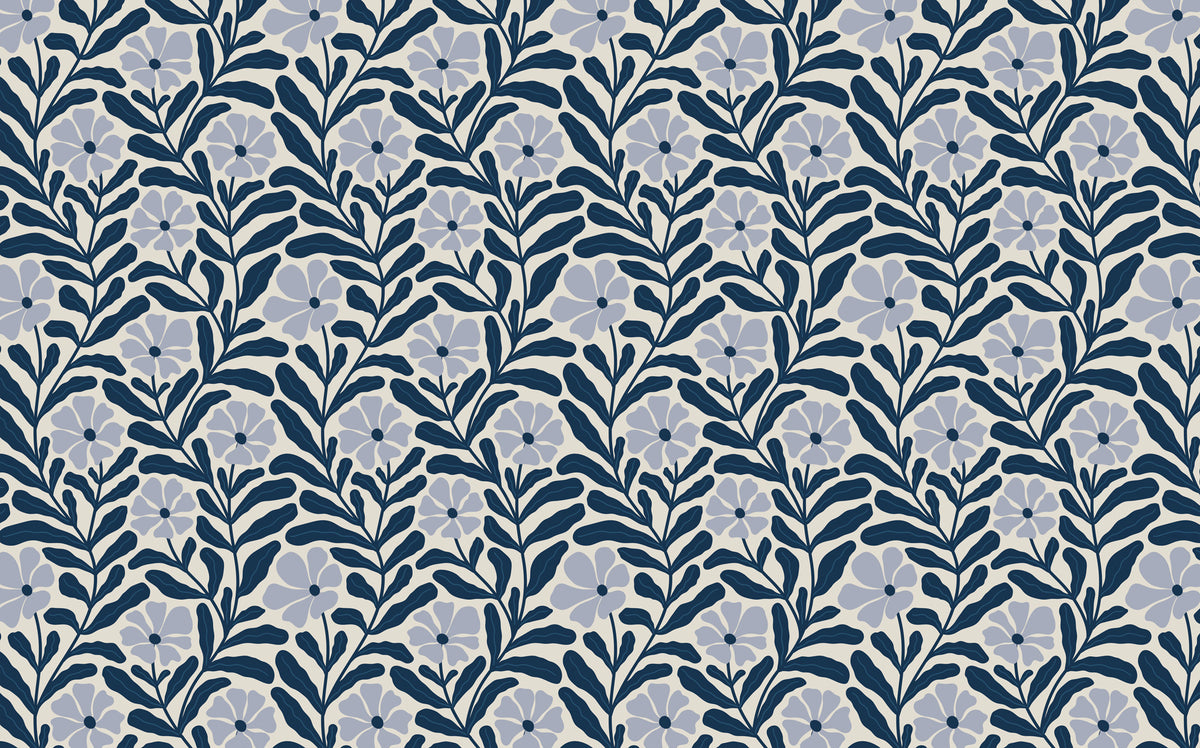 Navy Floral Vine Wallpaper : Lavender Flower Pattern Mural - flat design