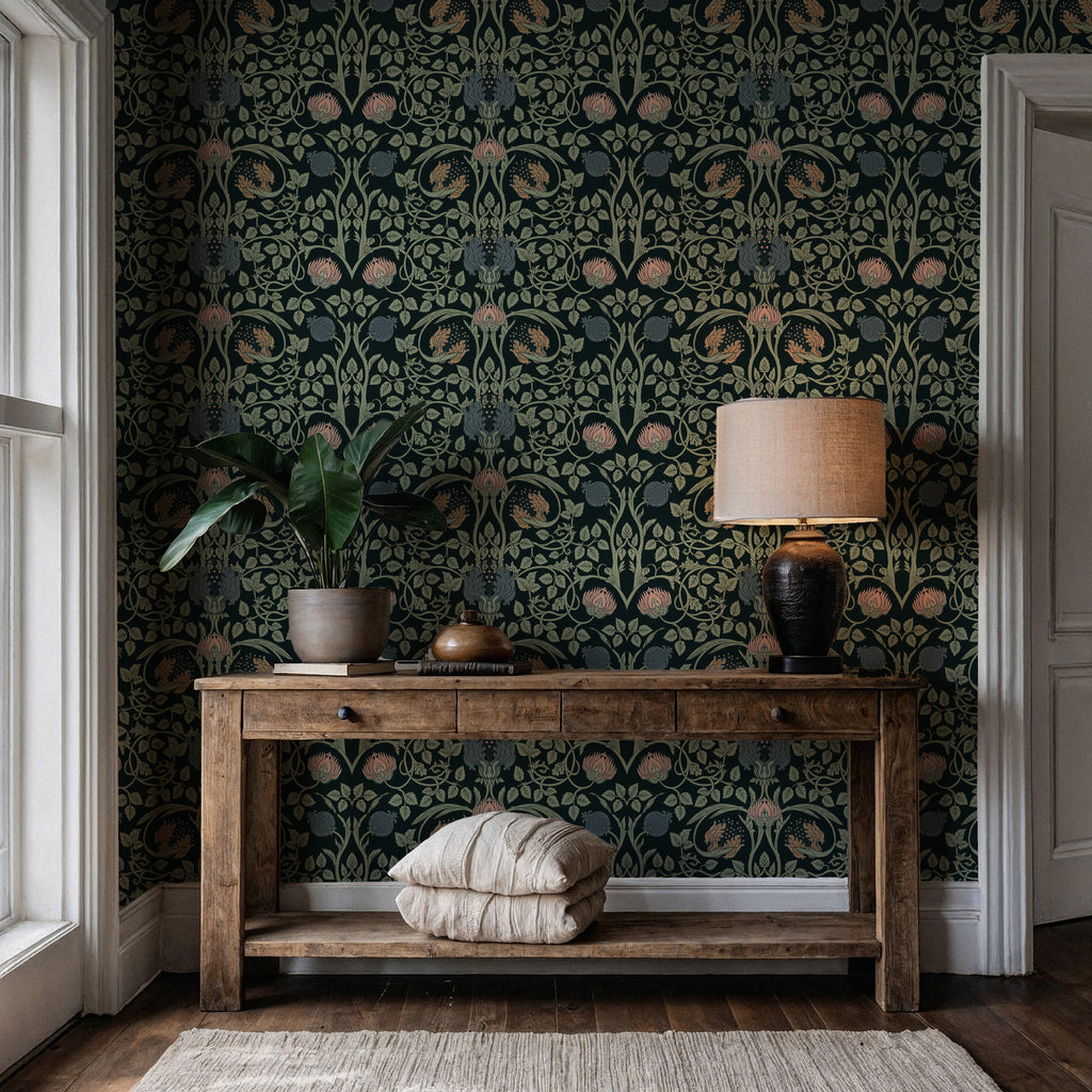 Forest Green Arts and Crafts Wallpaper : Blush Thistle Damask