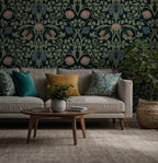 Forest Green Arts and Crafts Wallpaper : Blush Thistle Damask - View 3