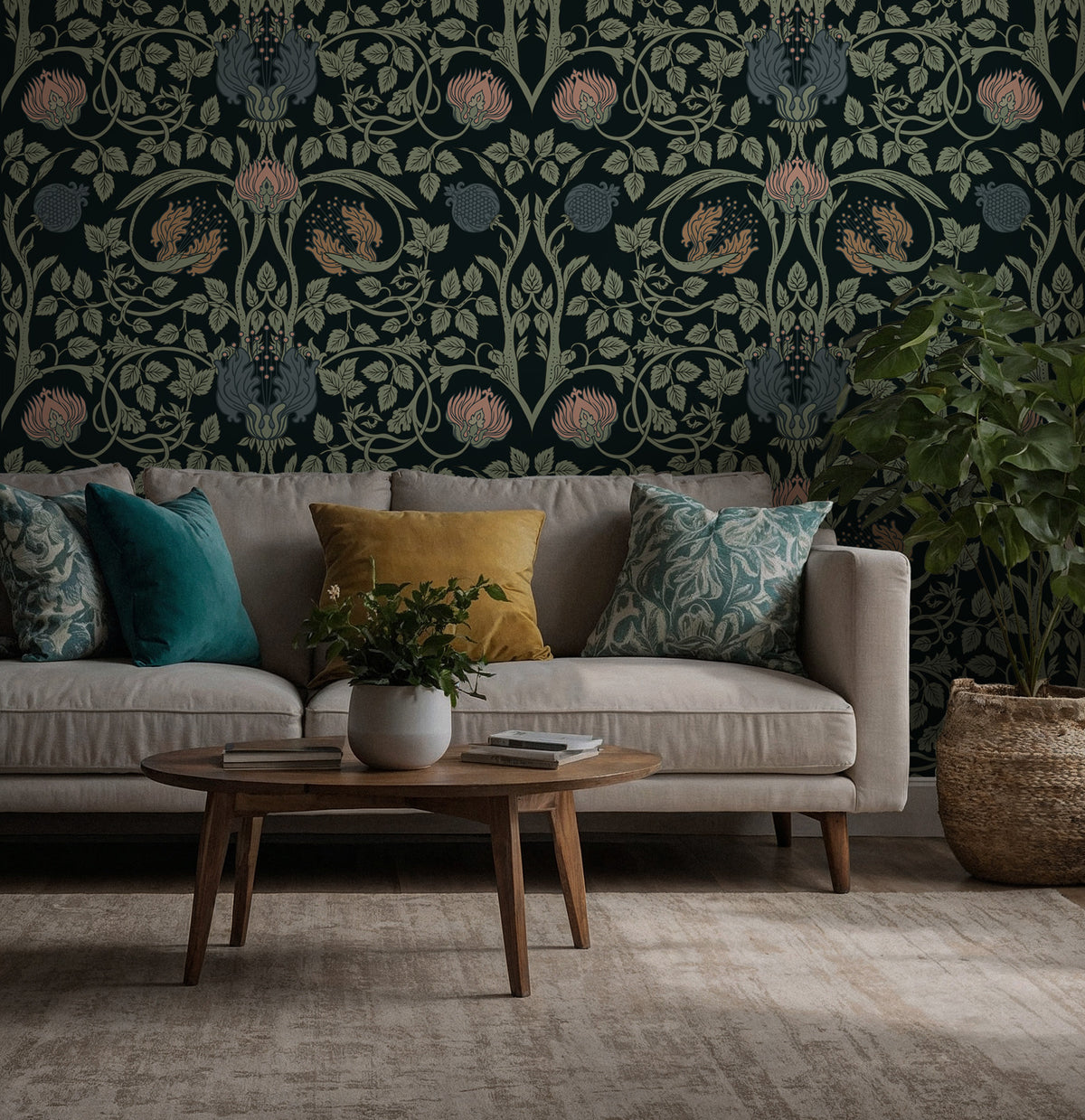 Forest Green Arts and Crafts Wallpaper : Blush Thistle Damask - View 3