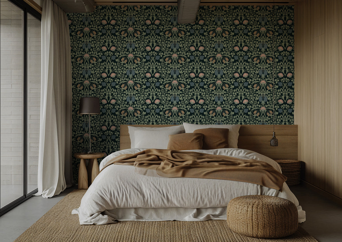 Forest Green Arts and Crafts Wallpaper : Blush Thistle Damask - View 4
