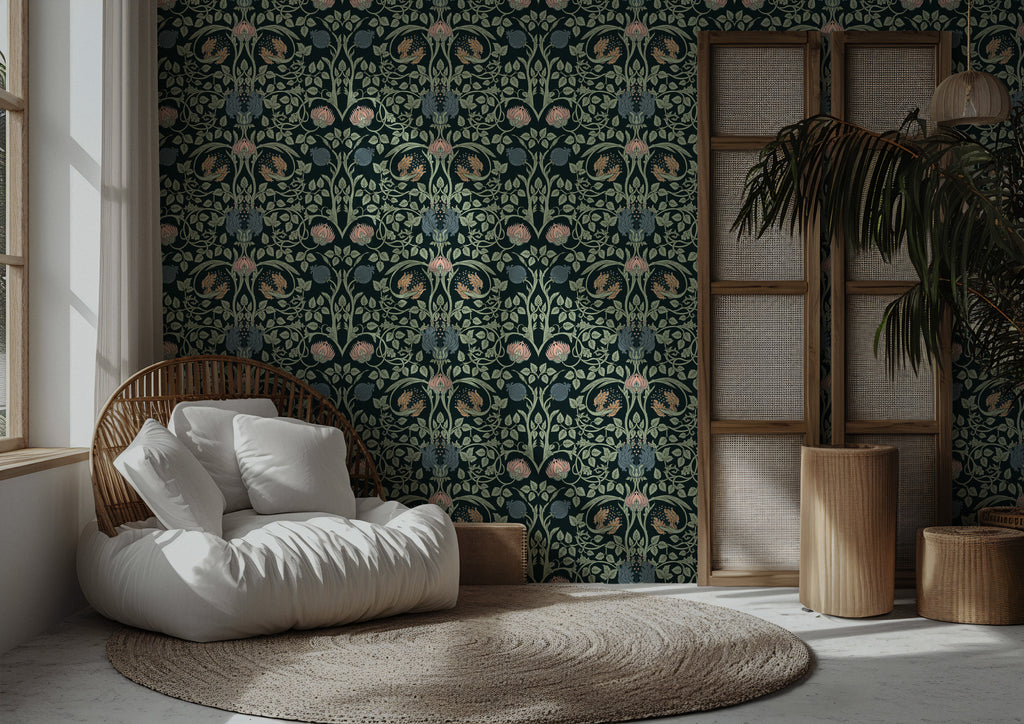 Forest Green Arts and Crafts Wallpaper : Blush Thistle Damask - View 5