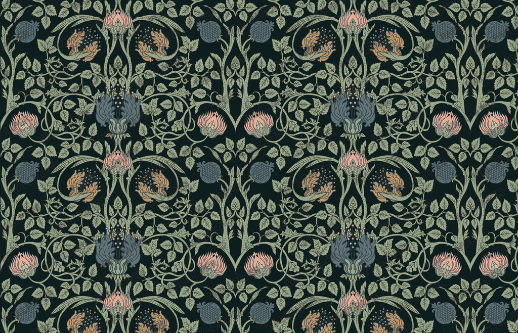 Forest Green Arts and Crafts Wallpaper : Blush Thistle Damask - View 2