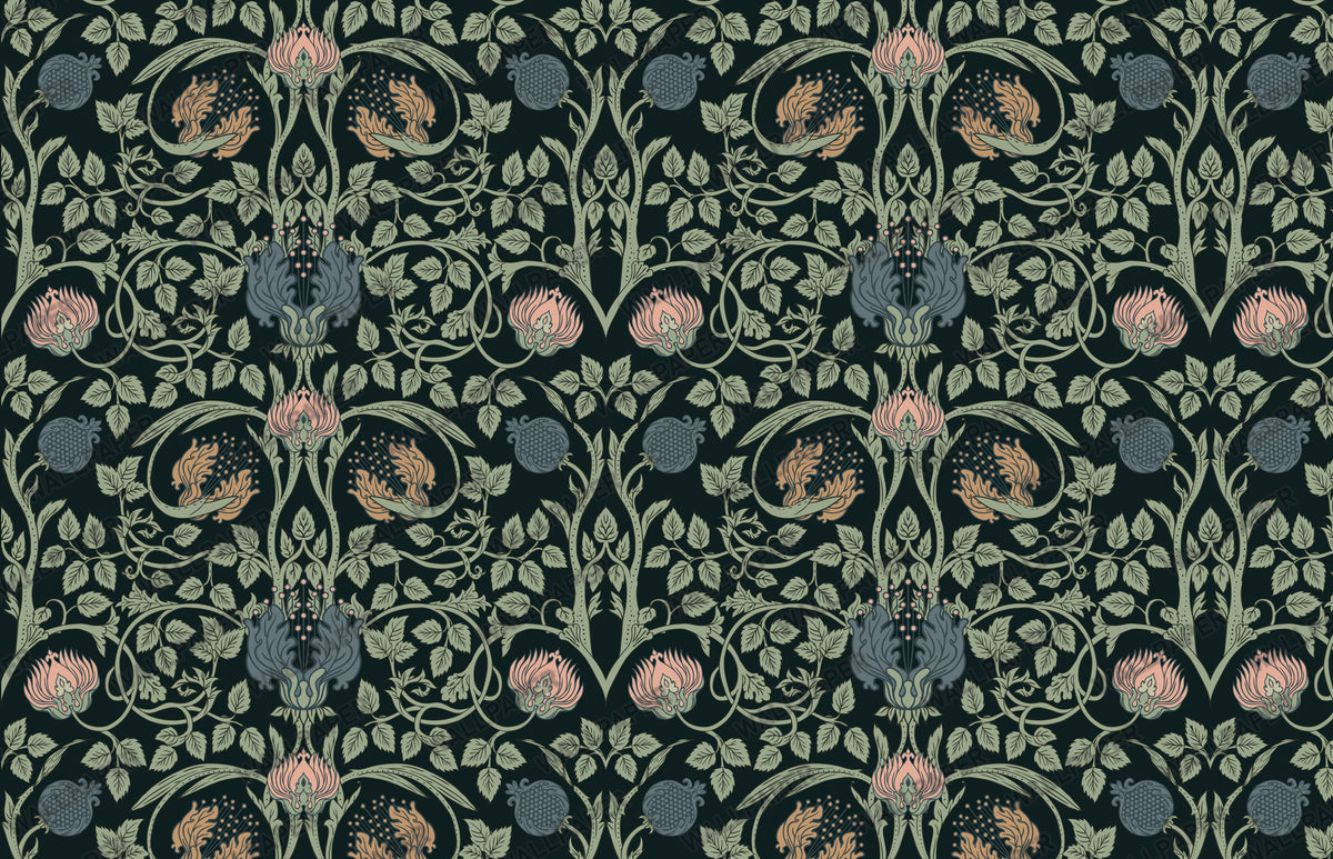 Forest Green Arts and Crafts Wallpaper : Blush Thistle Damask - View 2