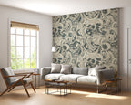 Grey Swirl Damask Wallpaper : Vintage Scroll Pattern Mural - View 2