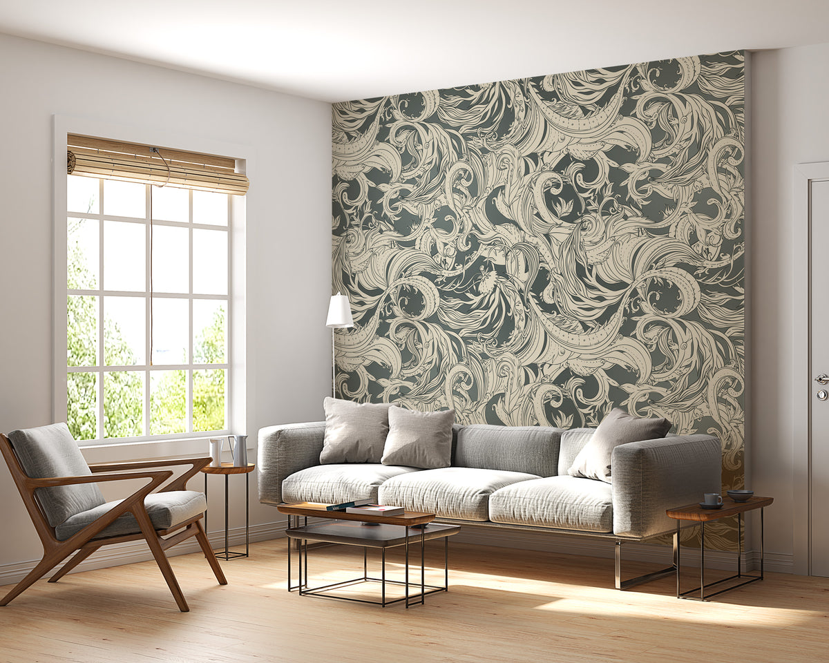 Grey Swirl Damask Wallpaper : Vintage Scroll Pattern Mural - View 2