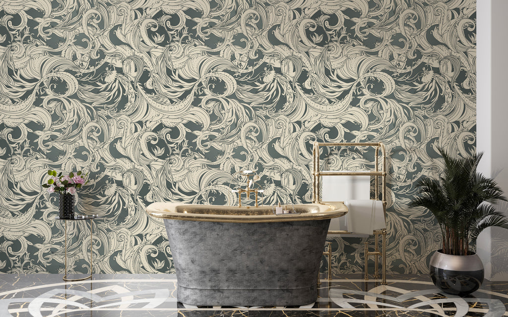 Grey Swirl Damask Wallpaper : Vintage Scroll Pattern Mural