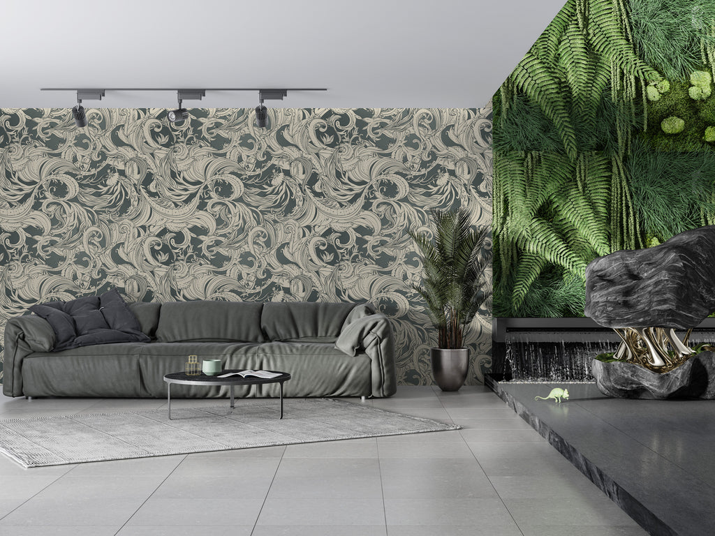 Grey Swirl Damask Wallpaper : Vintage Scroll Pattern Mural - View 4
