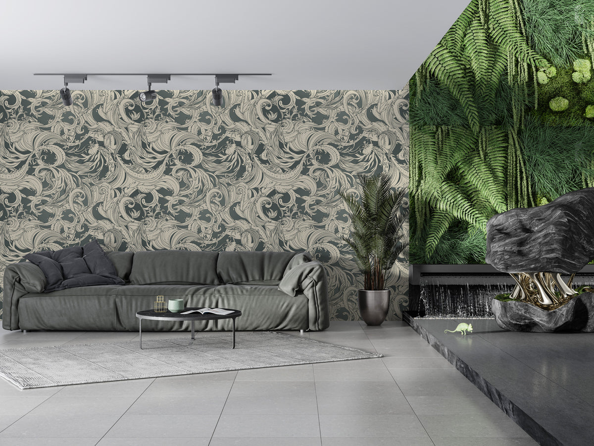 Grey Swirl Damask Wallpaper : Vintage Scroll Pattern Mural - View 4