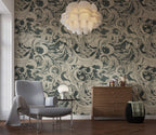 Grey Swirl Damask Wallpaper : Vintage Scroll Pattern Mural - View 5