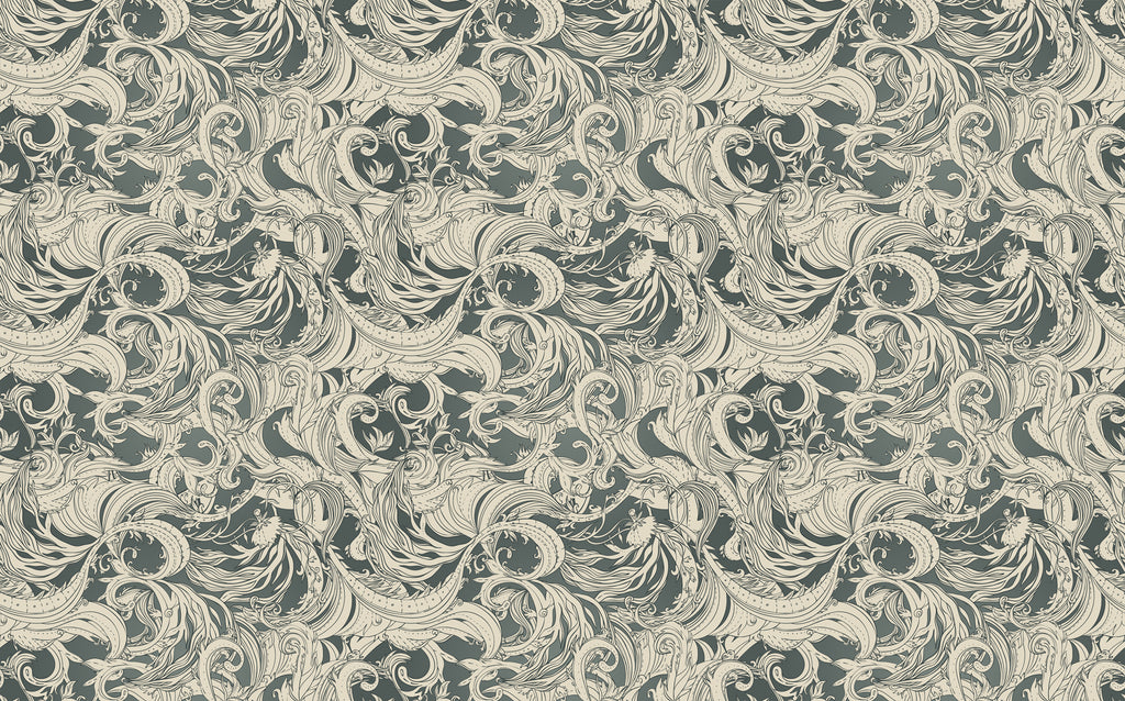 Grey Swirl Damask Wallpaper : Vintage Scroll Pattern Mural - flat design
