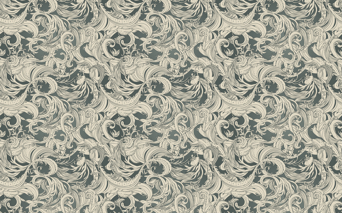 Grey Swirl Damask Wallpaper : Vintage Scroll Pattern Mural - flat design