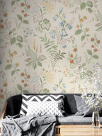 Cream Botanical Wallpaper : Small Wildflower Pattern Mural - View 2