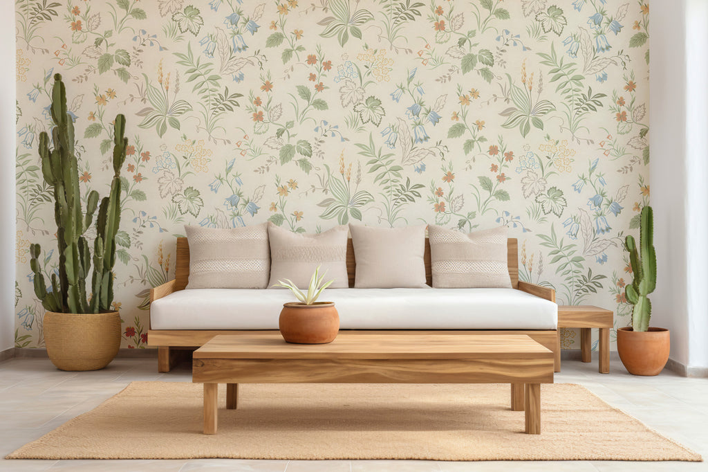 Cream Botanical Wallpaper : Small Wildflower Pattern Mural - View 3