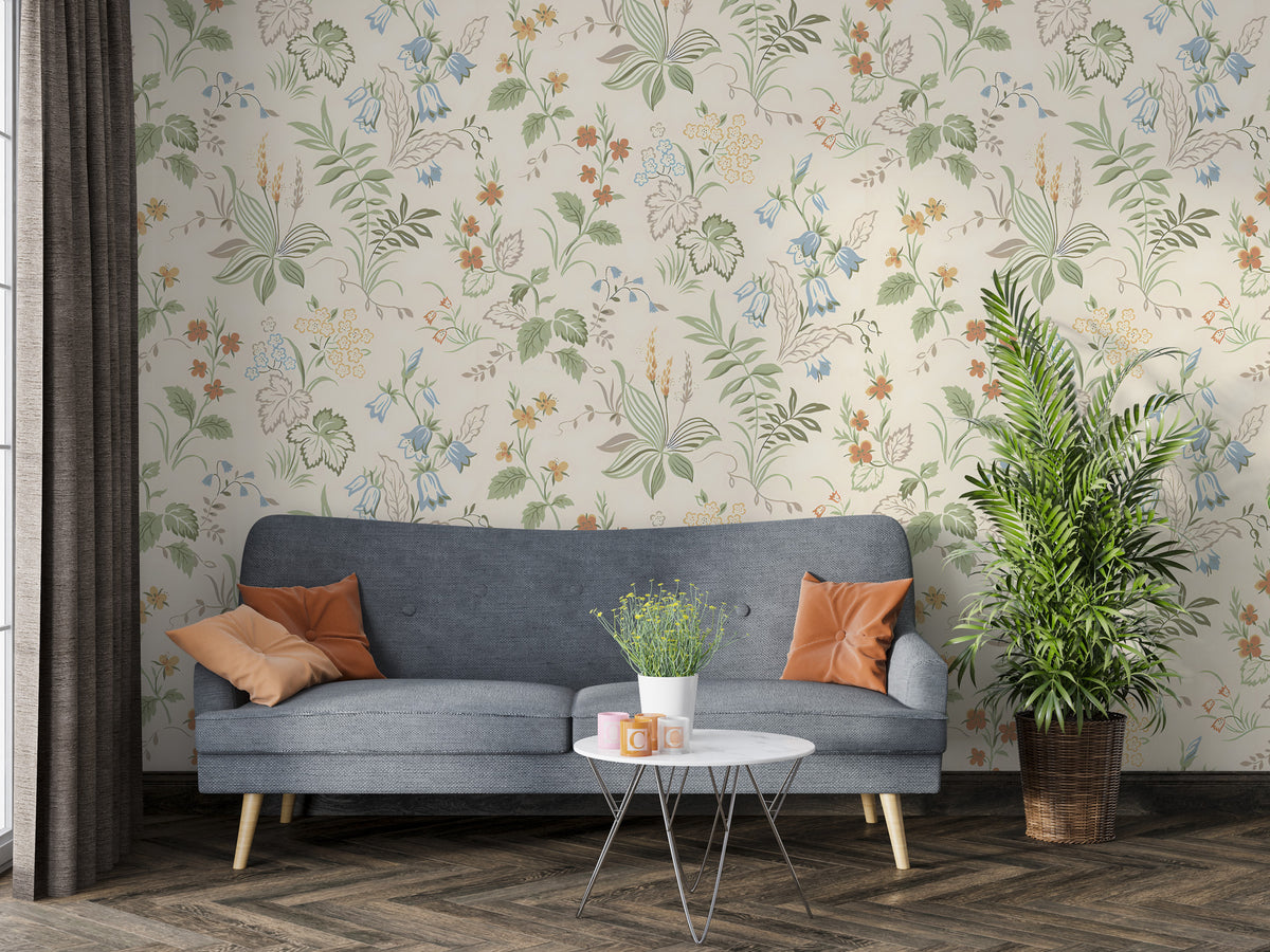 Cream Botanical Wallpaper : Small Wildflower Pattern Mural - View 4