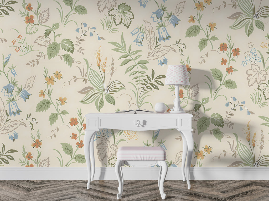 Cream Botanical Wallpaper : Small Wildflower Pattern Mural - View 5