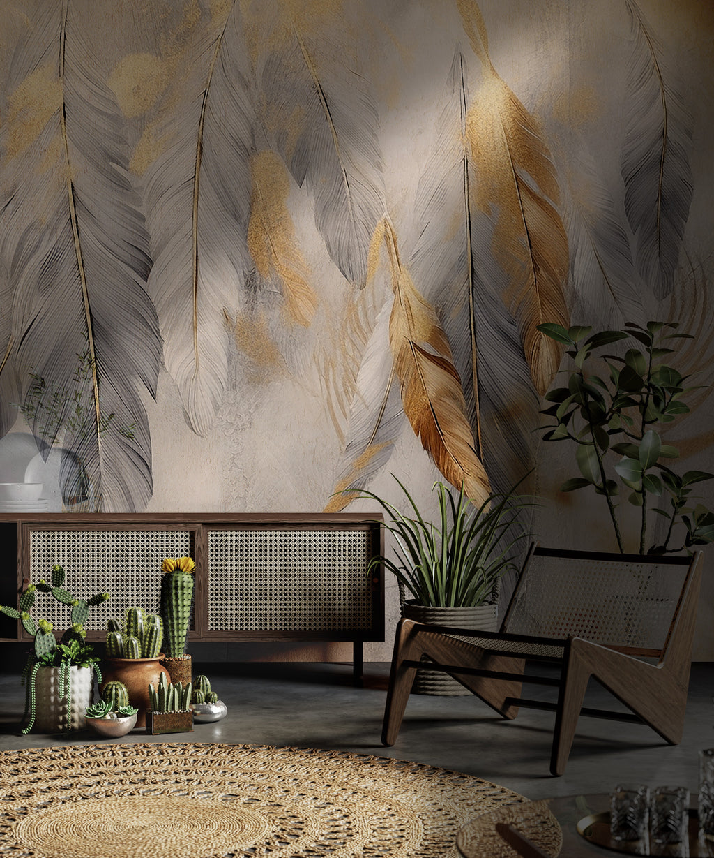 Gold and Grey Feather Wallpaper : Hanging Feathers Mural