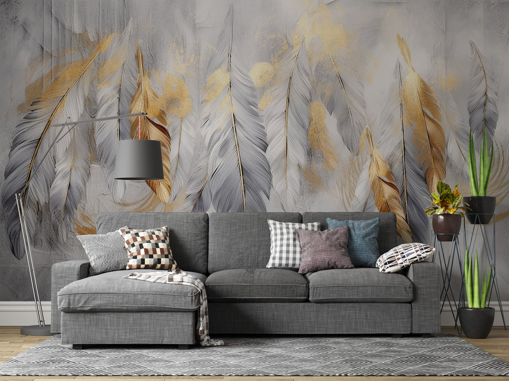 Gold and Grey Feather Wallpaper : Hanging Feathers Mural - View 2