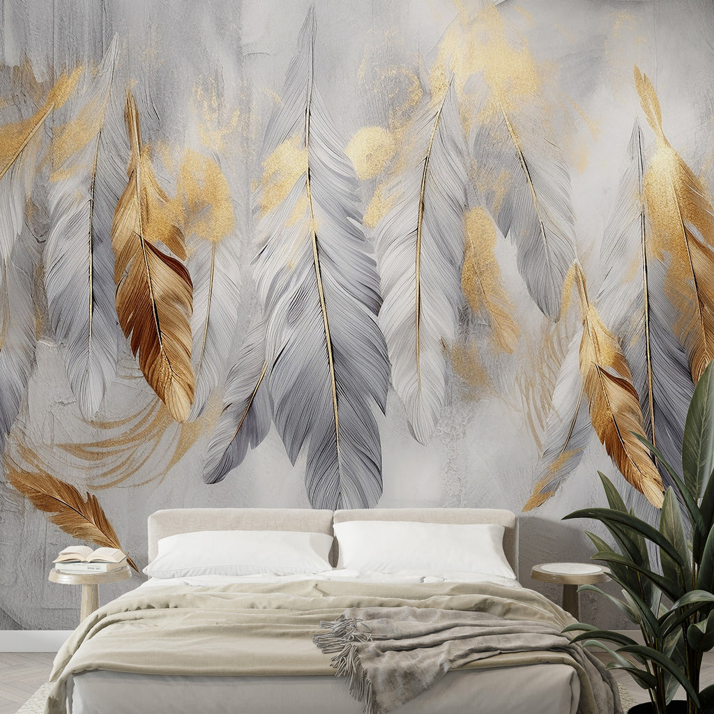 Gold and Grey Feather Wallpaper : Hanging Feathers Mural - View 3